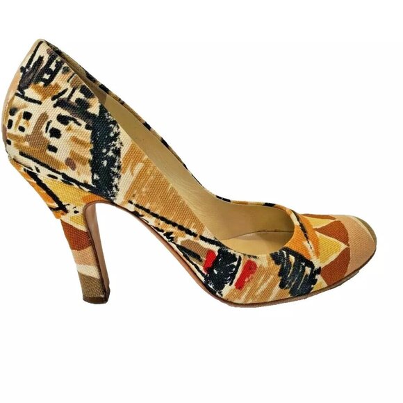 Women's 35.5 PRADA Italy Multicolor Canvas Round Toe High Heels Pumps Shoes EUC - Picture 9 of 9